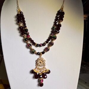 Handcrafted Hot Pink Tiger Eye with Red Green and Gold Floral Accents 18 inches